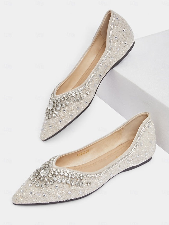 Pointed Toe Flats Silver Women's Glitter with Crystal