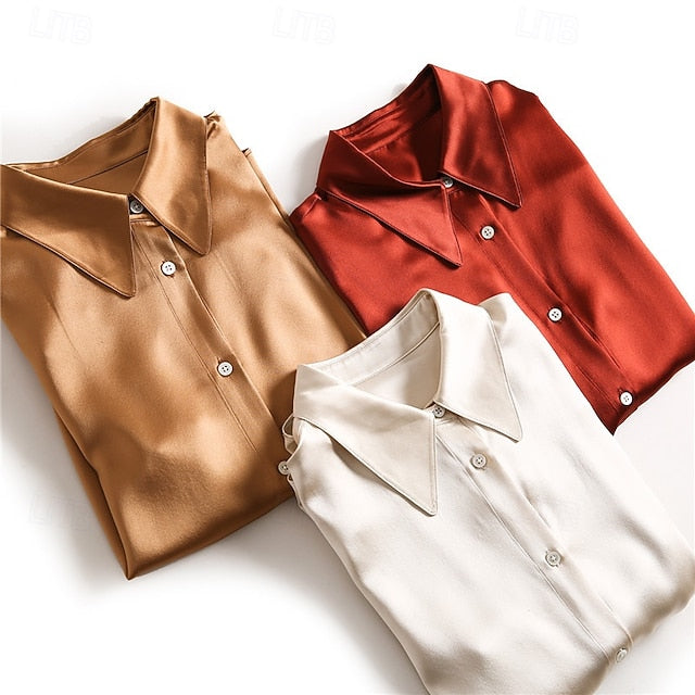 Women's Shirt Elegant Satin Top Silk Shirt Buttons Plain