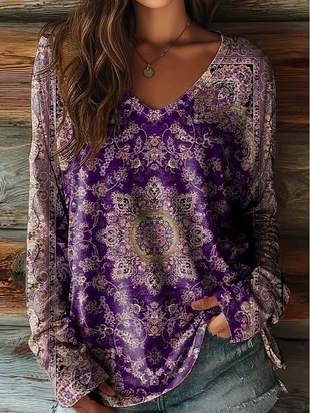 Women's Boho T shirt Long Sleeve Floral Graphic Plants
