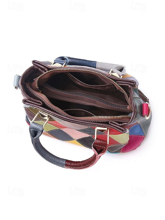 Women's Leather Handbag, Multi-Color Patchwork Design,