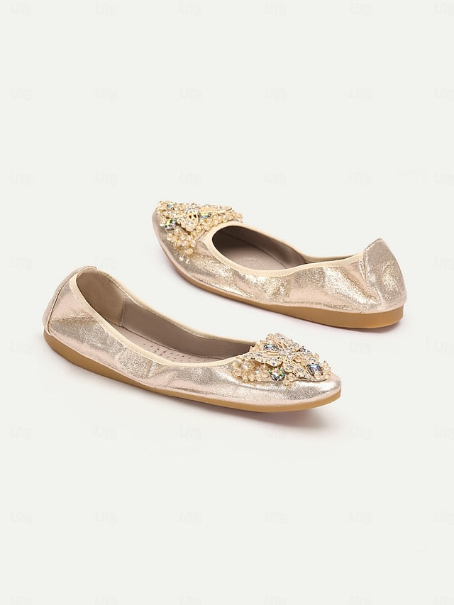 with Gold Crystal Glitter Foldable Flats Women's