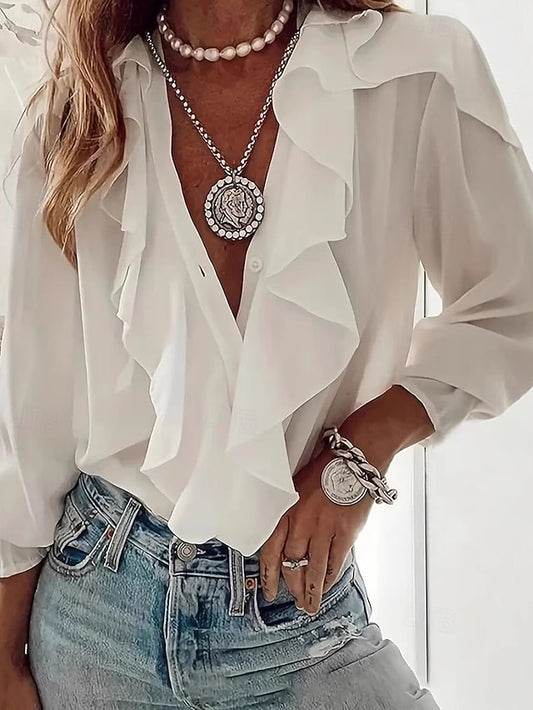 Women's Shirt Blouse Ruffle Plain Elegant Stylish Long