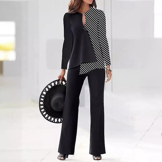 Women's Pants Sets Bolero Top Long Sleeve V Neck Striped