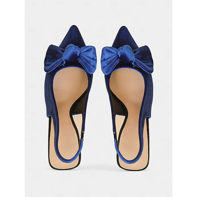 Velvet Pointed Toe Women's with Bow Slingback Heels Blue