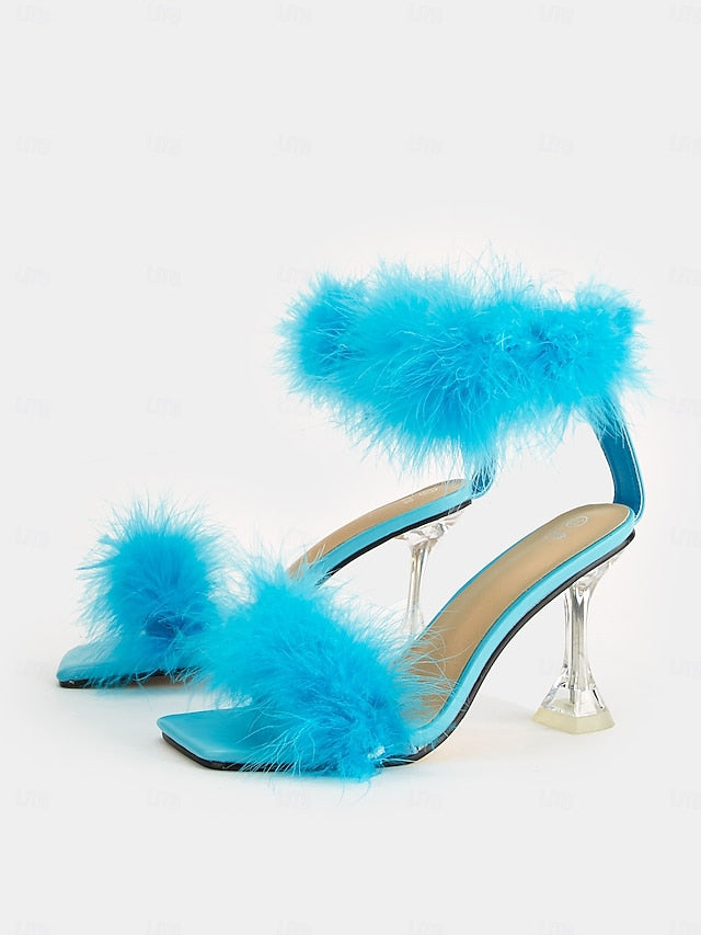 Clear with High Turquoise Feather-Embellished Heel Sandals
