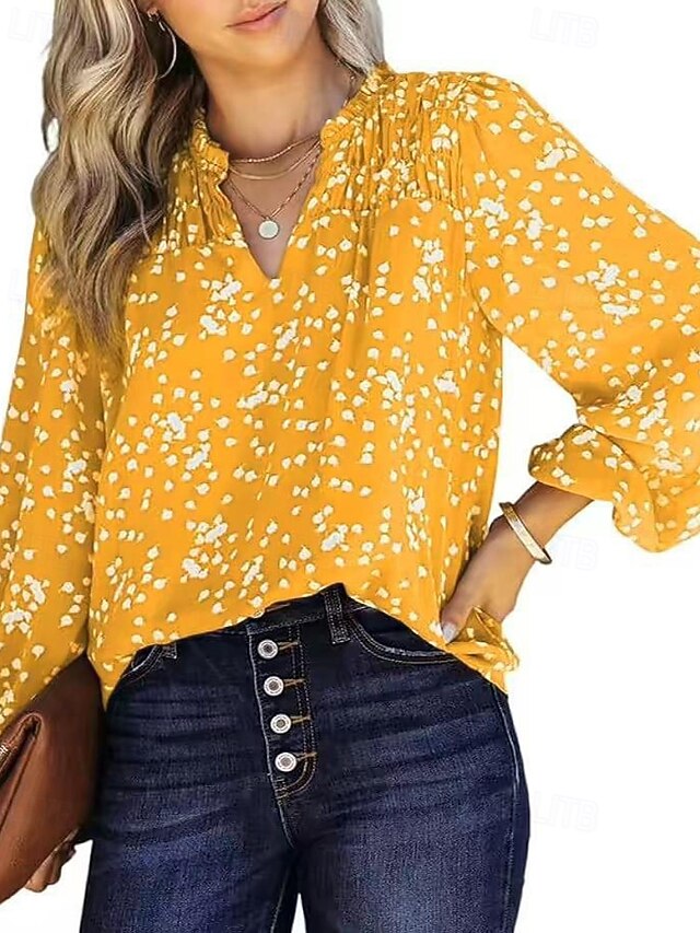 Women's Blouse Ruched Print Polka Dot Vintage Stylish Long