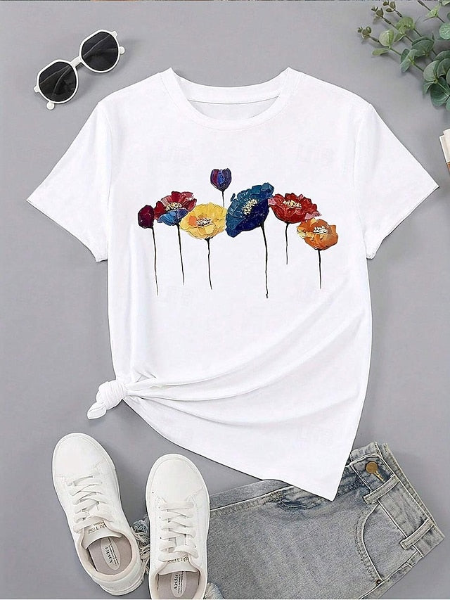 Women's T Shirt Print Floral Poppy Casual Short Sleeve Crew