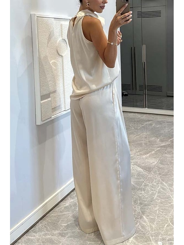 Women's Pants Sets Bolero Top Sleeveless Halter Neck Solid