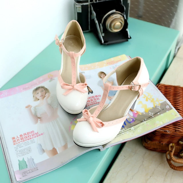 with Leather White Patent T-Strap Women's High Heels Black