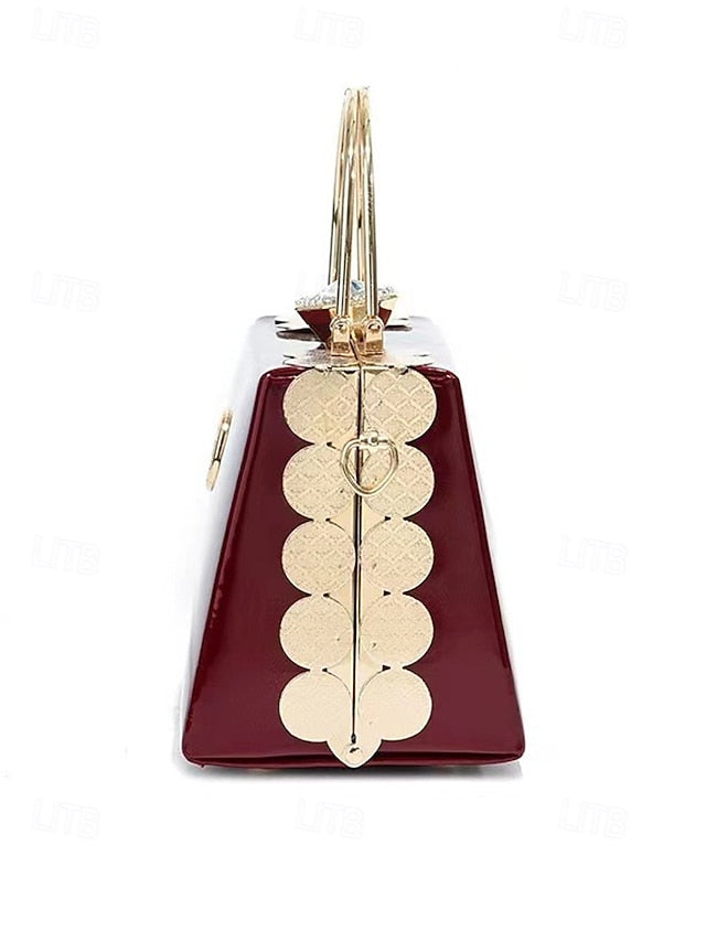 Evening Handbag Patent Burgundy with Leather Women's Gold