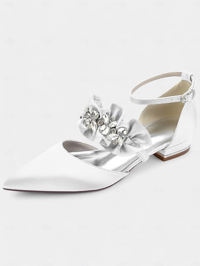 with Satin Pointed-Toe Flats Black Rhinestone Women's