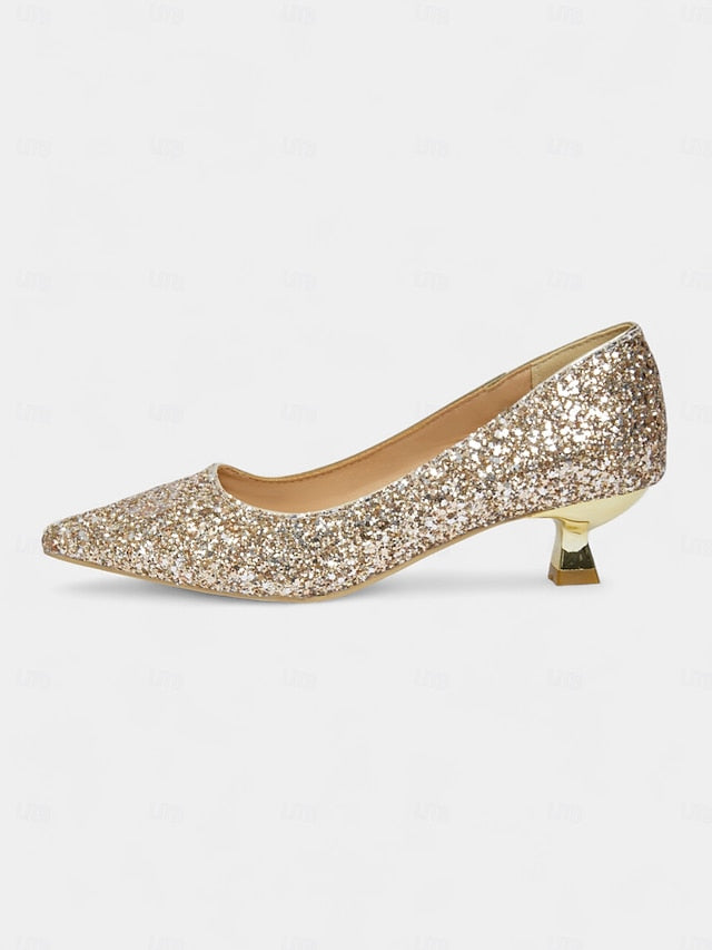- Women's Glitter Pointed Pumps Low Toe Sparkly Heel