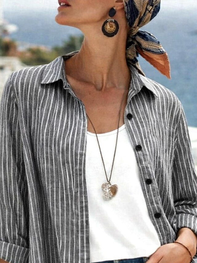 Women's Blouse Buttons Print Striped Vintage Stylish Casual