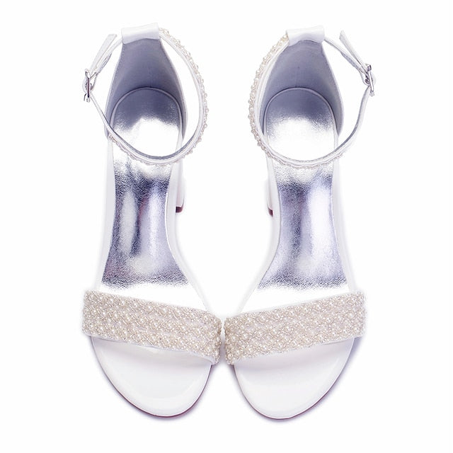 Ankle Block White Ivory Strap Embellished Women's Pearl