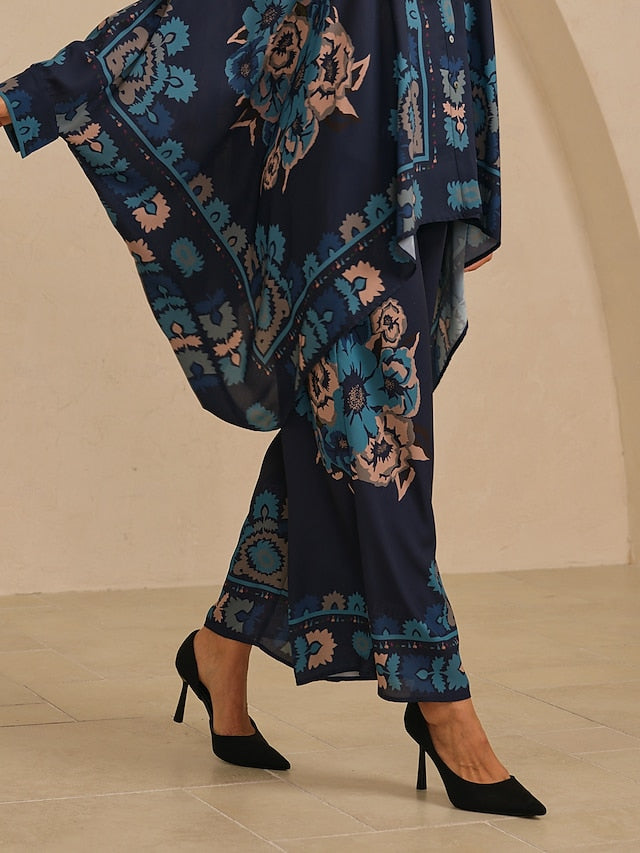 Women's Wide Leg Pants Chiffon Ethnic Floral Hawaiian Print