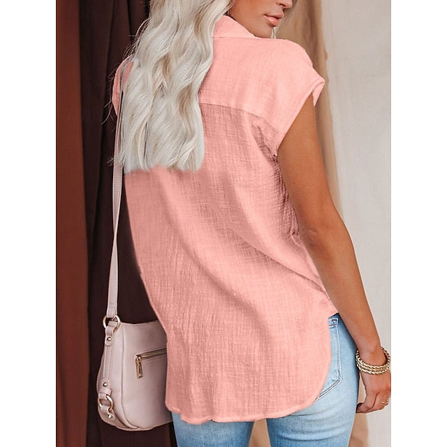 Women's Shirt Button Down Blouse Solid Color Plain Basic