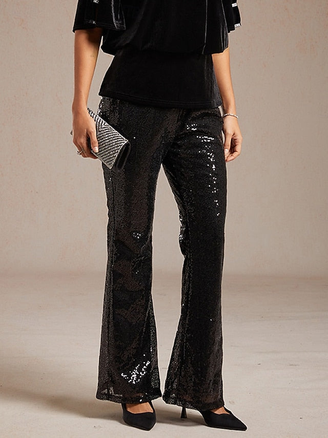 Women's Bell Bottom Elegant Full Length Mid Waist Sequins