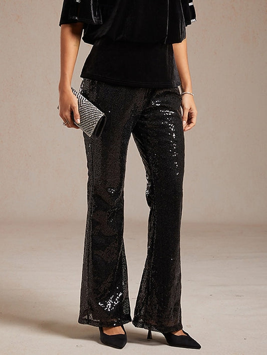 Women's Bell Bottom Elegant Full Length Mid Waist Sequins