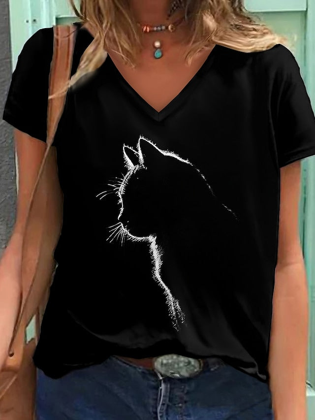 Women's T shirt Tee Black Graphic Cat Print Short Sleeve