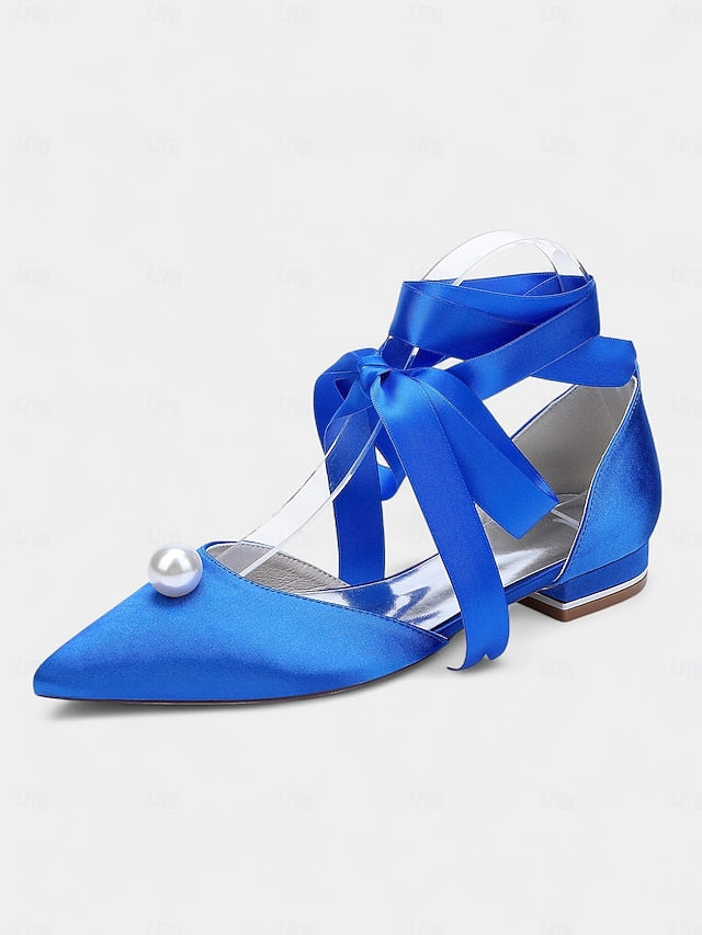 Pointed Toe Embellished Navy - Women's Pearl Satin Flats