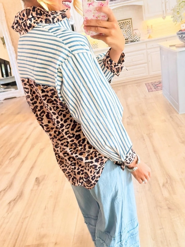 Women's Blouse Buttons Print Leopard Striped Stylish Casual