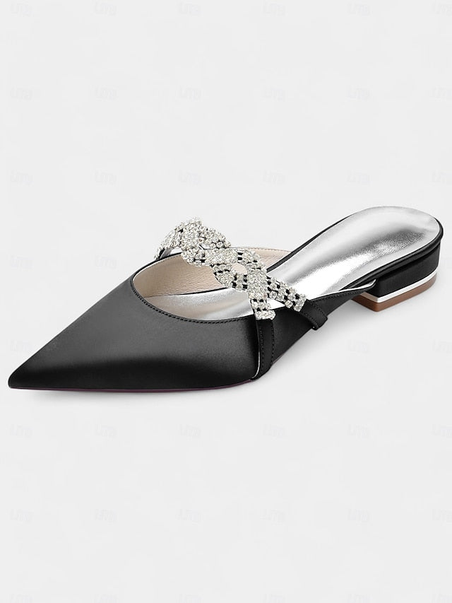 with - Detailing Mule Blue Rhinestone Pointed-Toe Satin Heels