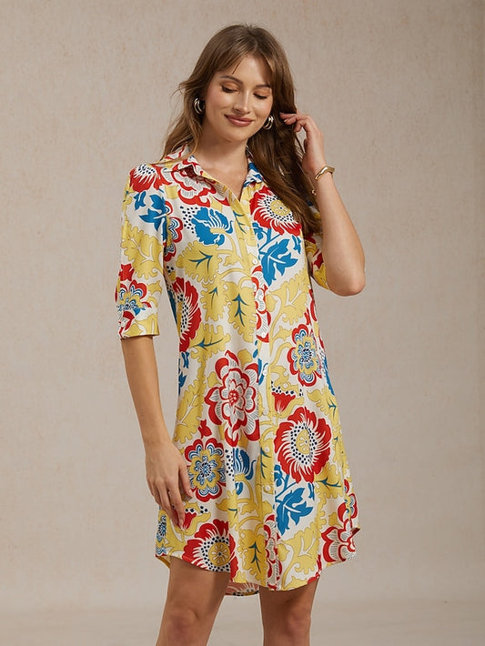 Vacation Satin Yellow Floral Print Shirt Mini Dress