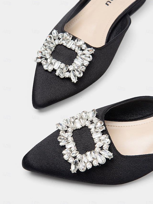 Black with Satin Rhinestone Mules Pointed-Toe Women's