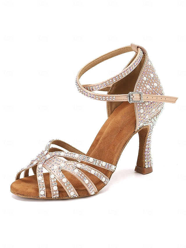 Sandals High Heel Tan Rhinestone-Embellished with Dance Latin
