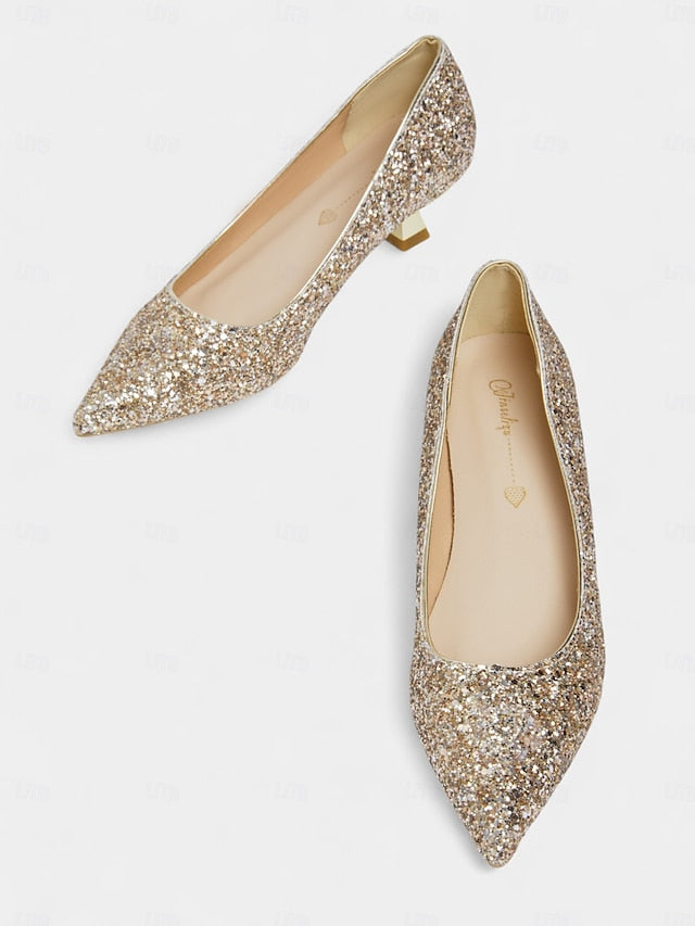 - Women's Glitter Pointed Pumps Low Toe Sparkly Heel