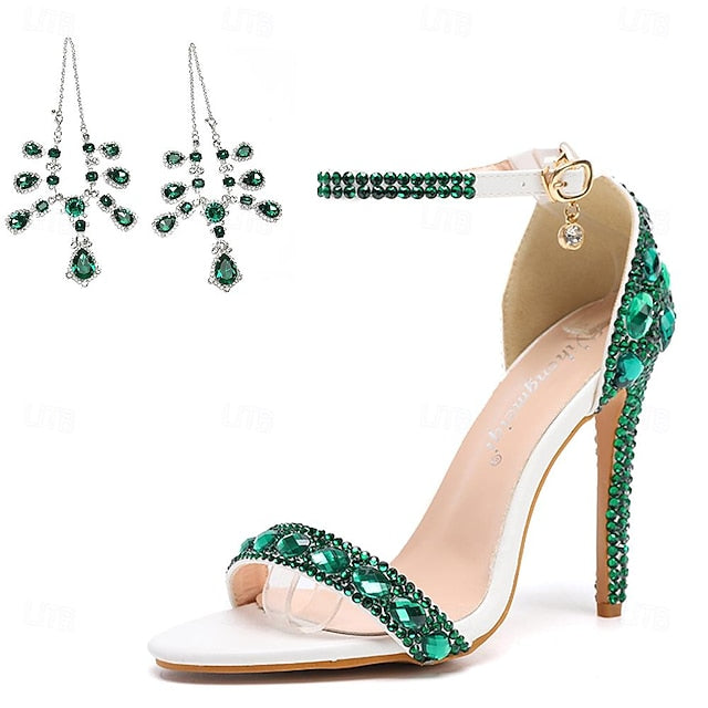 Matching Stiletto Green Ankle Heels Rhinestone Women's with