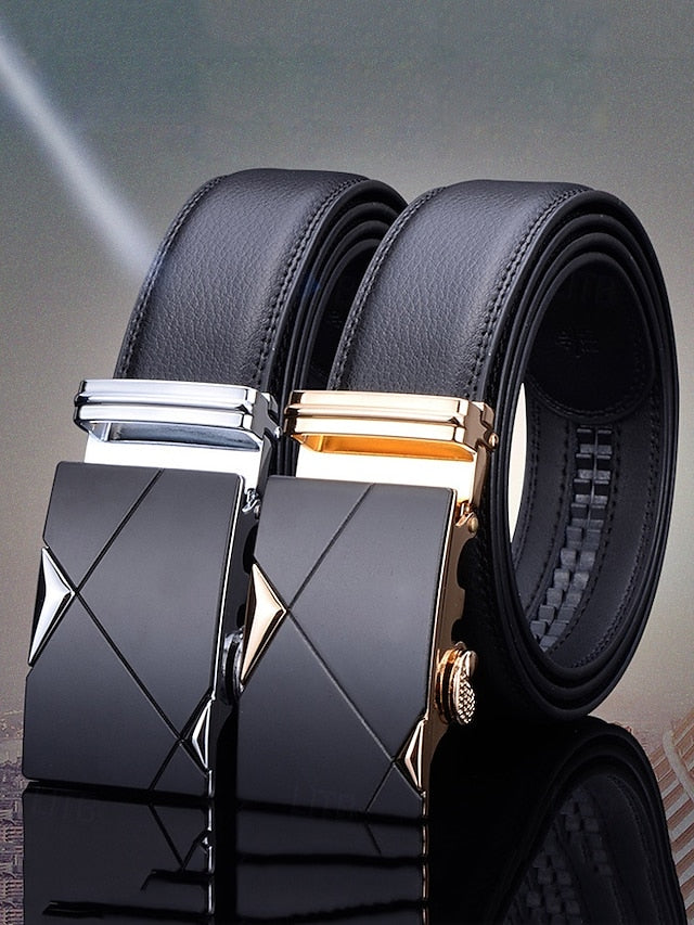 Adjustable Leather Belt Black Metal Men's with Elegant