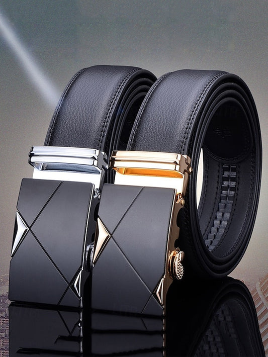 Adjustable Leather Belt Black Metal Men's with Elegant