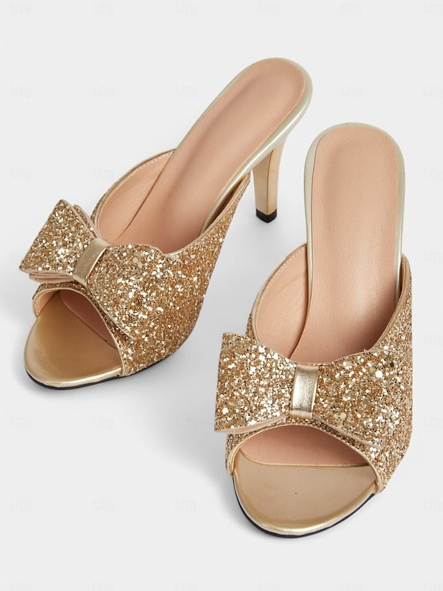 Glitter – Party Gold Women's Glamorous Bow Mules Stiletto
