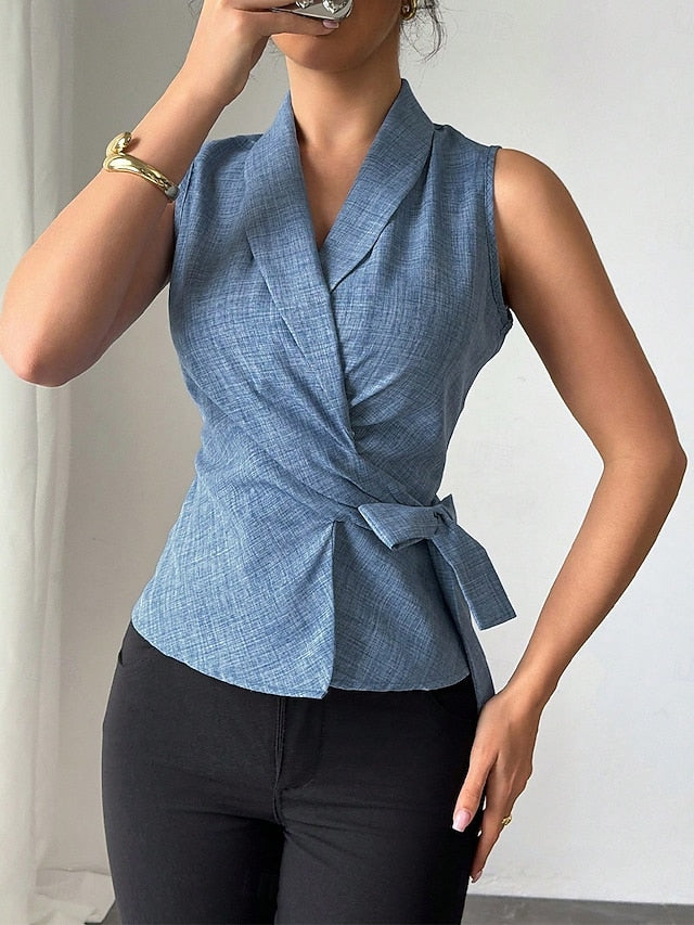 Women's Shirt Tank Top Blouse Sleeveless Shirt Tie Front