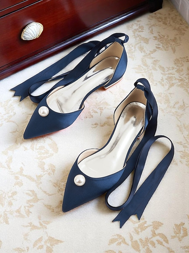 Pointed Toe Embellished Navy - Women's Pearl Satin Flats