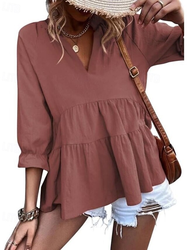 Women's Shirt Blouse Ruched Plain Casual Long Sleeve V Neck
