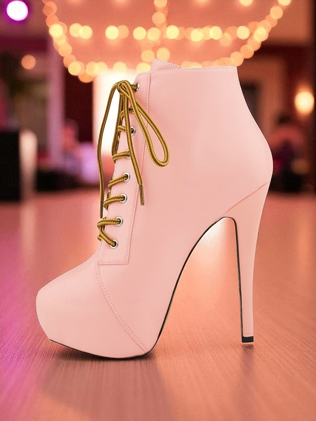 - Ankle Lace-Up Boots Leather Women's Beige Faux Platform