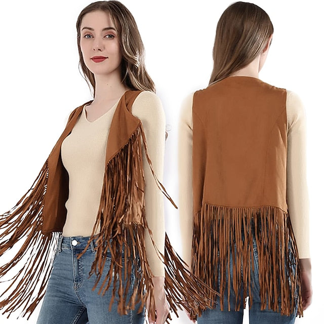 Retro Vintage 1970s Suede Vest Sleeveless Hippie Tassel Fringe