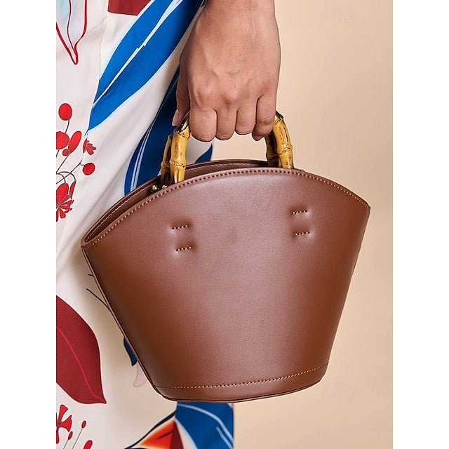 Sac seau en bambou avec anse en cuir pour femme, marron