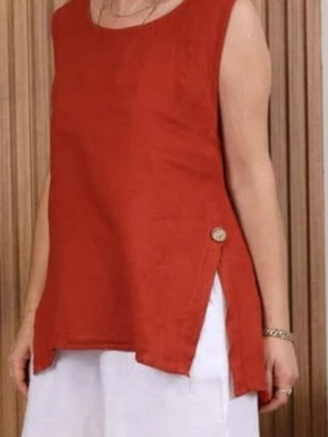 Women's T Shirt Faux Linen Shirt Tee Top Buttons Plain