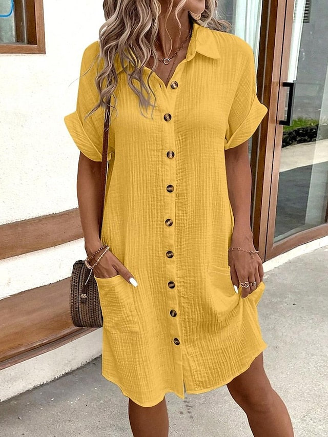 Women's Mini Dress Faux Cotton Linen Dresses Shirt Dress