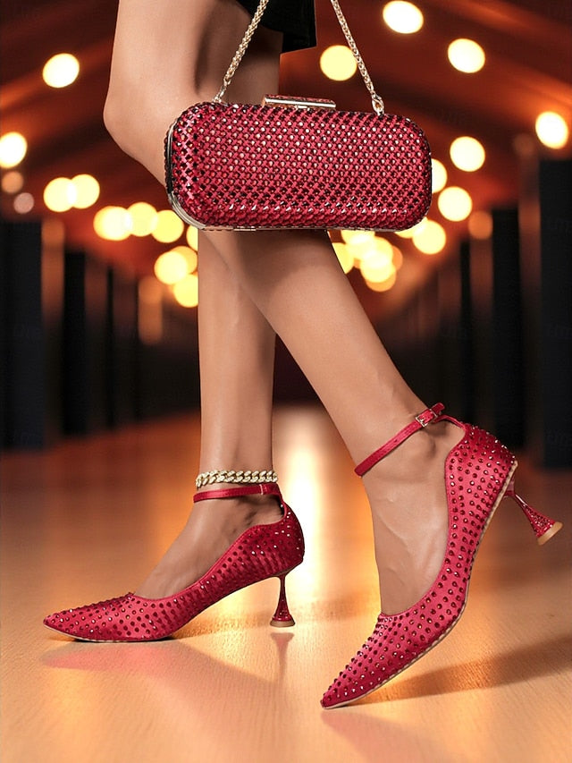 Matching and Clutch Set Women's Heels Bag Green Rhinestone