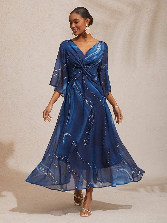 Women's Maxi Dress Blue Galaxy Gradient Print V Neck Front