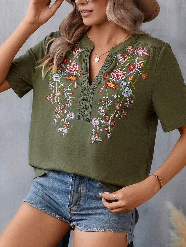 Women's Shirt Blouse Embroidered Floral Stylish Casual