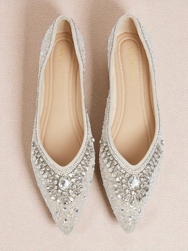 Pointed Toe Flats Silver Women's Glitter with Crystal