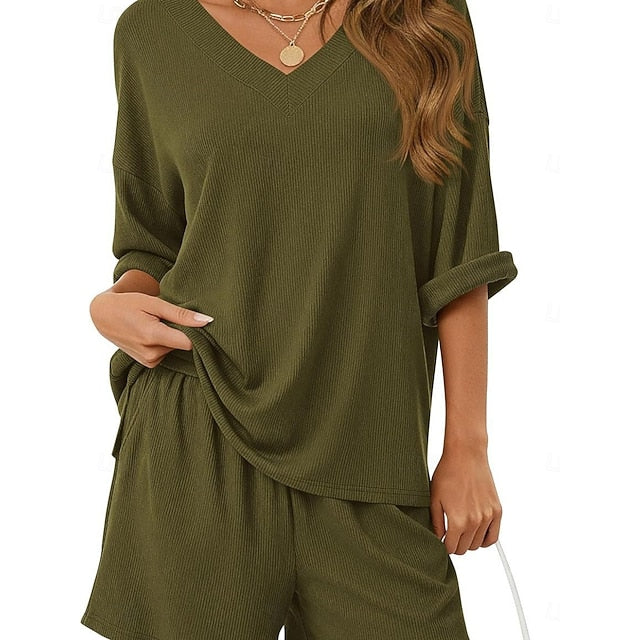 Women's Shorts Sets 3/4 Length Sleeve V Neck Solid Color