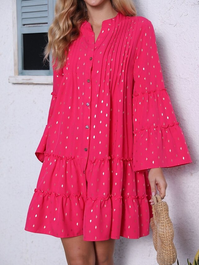 Women's Geometric Stand Collar Mini Dress Long Sleeve