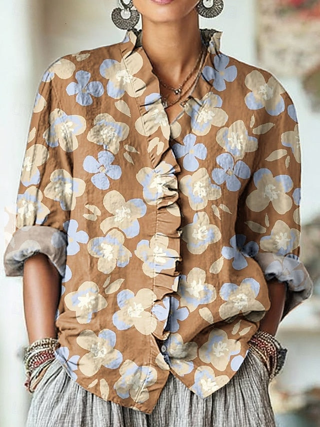 Women's Boho Shirt Ruched Ruffle Floral Graphic Elegant