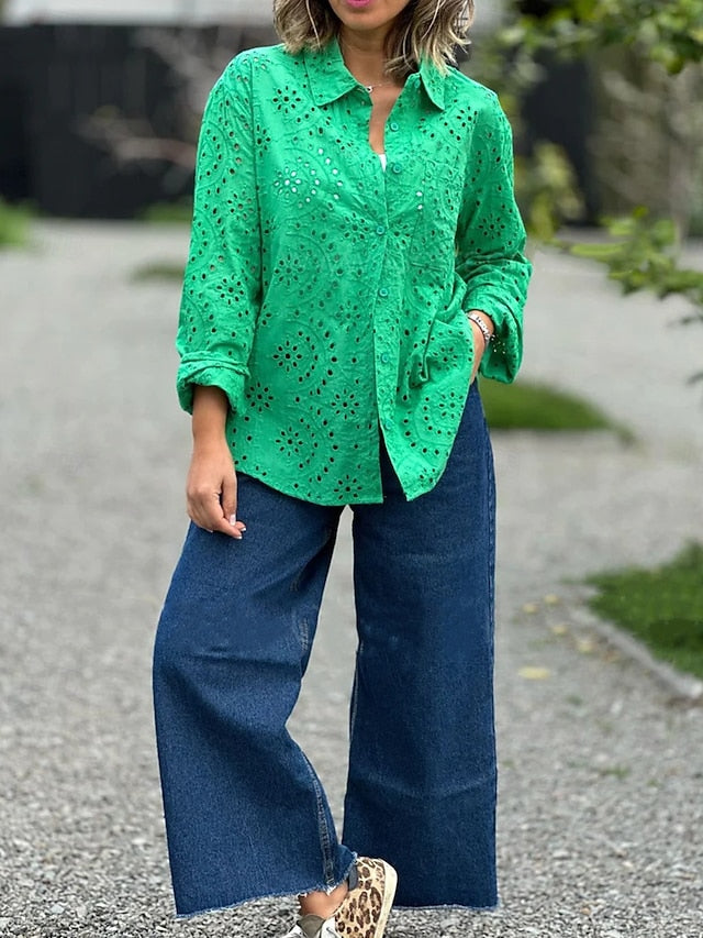 Women's Blouse Stylish Solid Color Hollow Out Long Sleeve